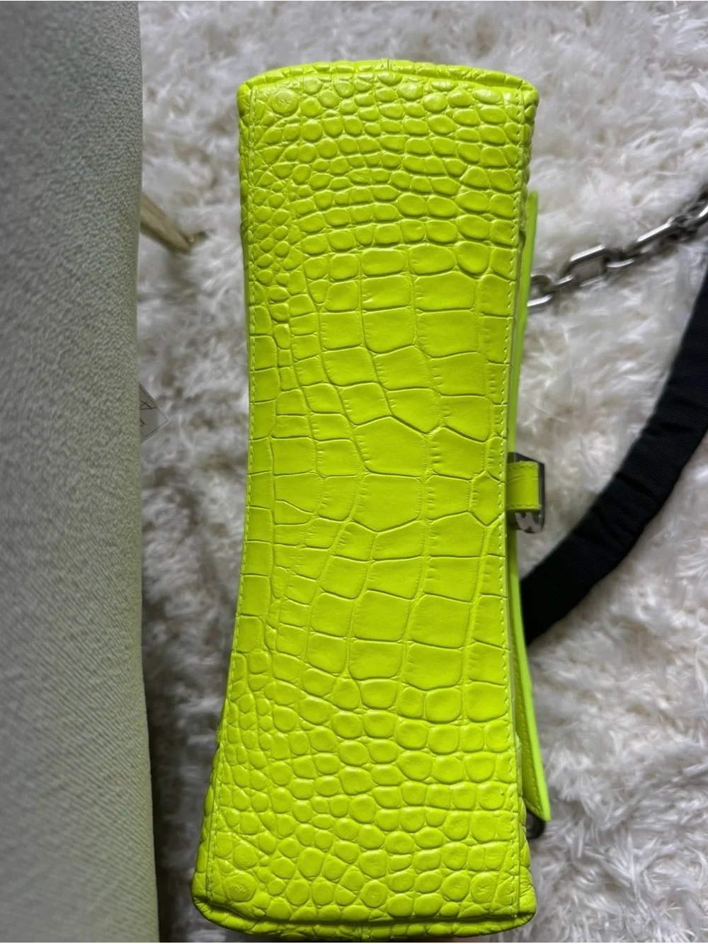 Balenciaga Neon Green Croc-Embossed Letter B Shoulder Bag